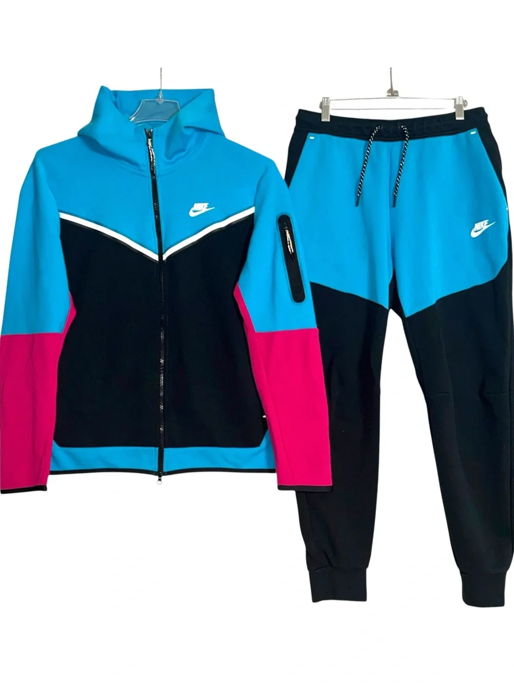 NIKE Tech Fleece Sweatpants Hoodie Set Size M/L South Beach Black/Blue/Fireberry